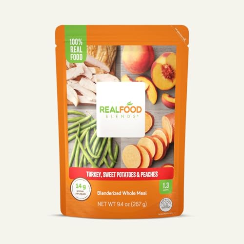 Real Food Blends Turkey, Sweet Potatoes & Peaches - Pureed Food Meals for Tube Feeding with Protein, Vegetables & Fruits - 320 Calories for Lunch & Dinner - 9.4 oz (Pack of 12)
