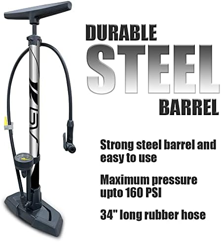 BV Bicycle Pump Durable Bike Floor Pump 17/24 inch Smart Valve Head, 160 psi, Automatically Reversible Presta and Schrader