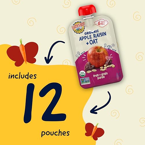 Earth's Best Organic Baby Food Pouches, Stage 2 Wholesome Breakfast Puree for Babies 6 Months and Older, Organic Apple Raisin Oat Puree, 3.5 oz Resealable Pouch (Pack of 12) (Packaging May Vary)