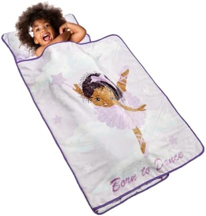 EVERYDAY KIDS Toddler Nap Mat with Removable Pillow - Born to Dance African American Ballerina - Carry Handle with Straps Closure, Rollup Design for Preschool, Daycare, Sleeping Bag - Ages 2-6 Years