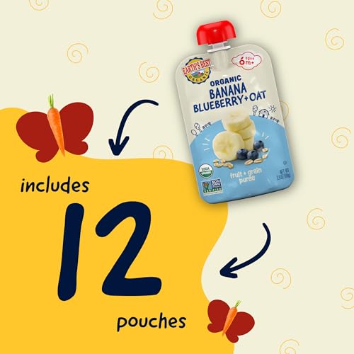 Earth's Best Organic Baby Food Pouches, Wholesome Breakfast Puree for Babies 6 Months and Older, Organic Banana Blueberry and Oat Puree, 3.5 oz Resealable Pouch (Pack of 12)