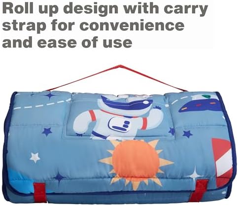 EVERYDAY KIDS Nap Mat w/Removable Pillow -Outer Space Adventures- Carry Handle with Straps Closure, Rollup Design, Soft Microfiber for Preschool, Daycare, Travel Sleeping Bag - Ages 3-6 Years