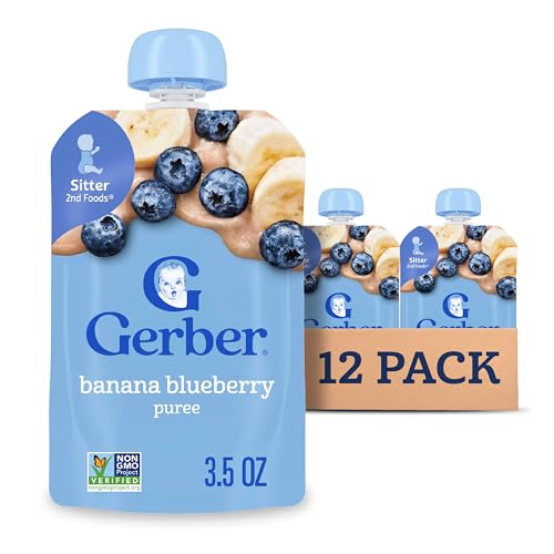 Gerber Stage 2 Baby Food, Banana Blueberry Puree Pouch, 2 Servings of Fruit, No Added Sweetener, No Artificial Colors or Flavors, 12-Pack