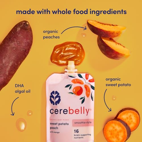 Cerebelly Organic Baby Food Pouches – Dairy Free Smoothies for Toddlers | No Added Sugar, Fiber, Non-GMO | Toddler Smoothie Pouches | 4oz BPA-Free Baby Food | Sweet Potato Peach | 12 Count