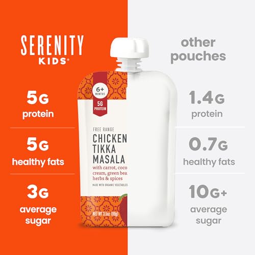 Serenity Kids 6+ Months Chicken Tikka Masala Baby Food Puree Pouches - High Protein Ethically Sourced Chicken & Organic Veggies - BPA-Free Toddler Pouches - 3.5 Oz, 12 Pack