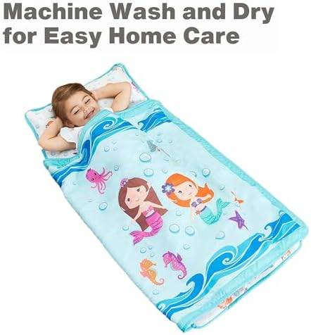 EVERYDAY KIDS Toddler Nap Mat with Removable Pillow -Underwater Mermaids- Carry Handle with Fastening Straps Closure, Rollup Design, Soft Microfiber for Preschool, Daycare Sleeping Bag, Ages 2-6 years
