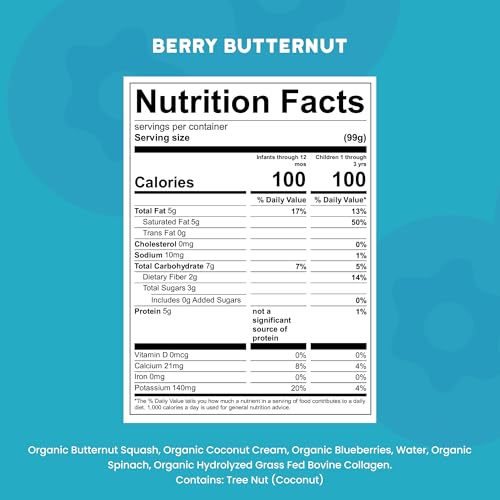 Serenity Kids 6+ Months Dairy-Free Smoothie Baby Food | USDA Organic | Grass Fed Collagen Protein | 3.5 Ounce BPA-Free Pouch | Berry Butternut | 12 Count