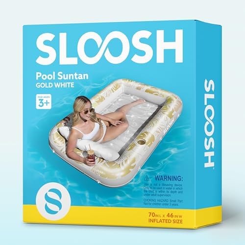 SLOOSH Inflatable Tanning Pool Lounger Float, 70" x 46" Pool Floats Adult with Pillow, 4 in 1 Suntan Tub Raft Floatie,Sunbathing Bed Lounge for Water Blow Up Kids Ball Pit Party Gifts, L-Golden White