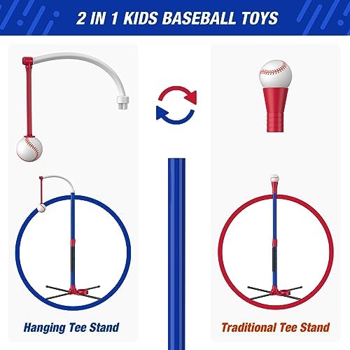 4 in 1 T Ball Sets for Kids 3-5 with Toss and Catch Ball Set, Hanging Tee Stand with Auto Pitching Machine/ 2 Bats, Indoor Outdoor Toys Birthday Baseball Gifts for Toddler Boys Girls, Blue