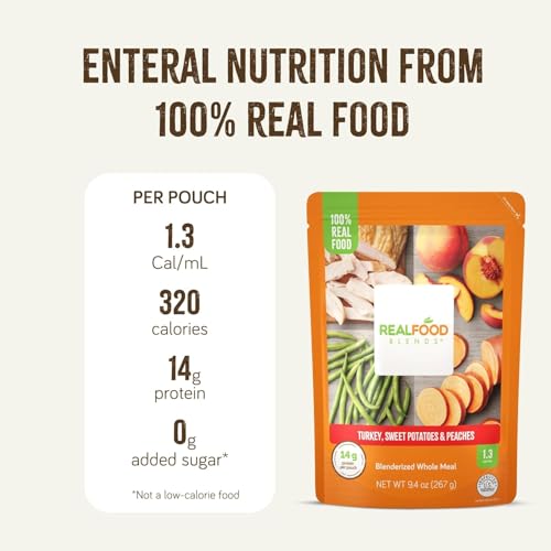 Real Food Blends Turkey, Sweet Potatoes & Peaches - Pureed Food Meals for Tube Feeding with Protein, Vegetables & Fruits - 320 Calories for Lunch & Dinner - 9.4 oz (Pack of 12)