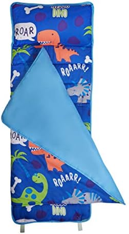 EVERYDAY KIDS Nap Mat with Removable Pillow - Roarin' Dinos - Carry Handle with Straps Closure, Rollup Design, Soft Microfiber for Preschool, Daycare, Travel Sleeping Bag - Ages 3-6 Years