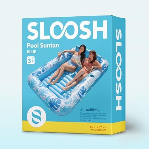 SLOOSH Inflatable Tanning Pool Lounger Float, 85" x 57" Extra Large Pool Floats Adult with Pillow, 4 in 1 Suntan Tub Raft Floatie,Sunbathing Bed Lounge for Water Blow Up Ball Pit Party Gifts, XL-Blue