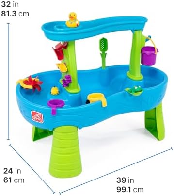 Step2 Rain Showers Splash Pond Water Table with Cover, Kids Water and Sand Activity Sensory Playset, Summer Outdoor Toys, 13-Piece Water Toy Accessories, for Toddlers 1.5+ Years Old, Blue & Green