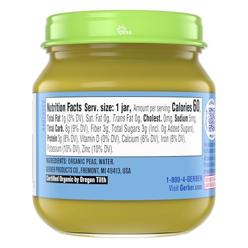 Gerber Stage 1 Baby Food, Organic Pea Jar, Baby Puree, Non-GMO, Vegetable, Puree Jars Glass, 10-pack