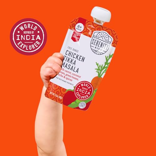 Serenity Kids 6+ Months Chicken Tikka Masala Baby Food Puree Pouches - High Protein Ethically Sourced Chicken & Organic Veggies - BPA-Free Toddler Pouches - 3.5 Oz, 12 Pack