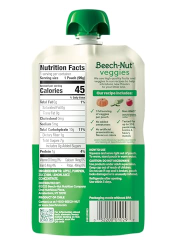 Beech-Nut Baby Food Pouches, Pumpkin Zucchini Apple Veggie Puree Baby & Toddler Food, 3.5 oz (12 Pack)