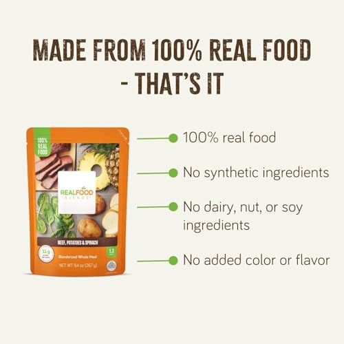Real Food Blends Beef, Potatoes & Spinach - Pureed Food Meals for Tube Feeding with Protein, Vegetables & Fruits - 330 Calories for Lunch & Dinner - 9.4 oz (Pack of 12)