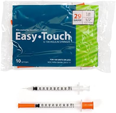 Easy Touch U-100 Insulin Syringe with Needle, 29G 1cc 1/2-Inch (12.7mm), Box of 100