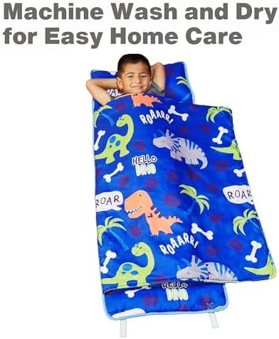 EVERYDAY KIDS Nap Mat with Removable Pillow - Roarin' Dinos - Carry Handle with Straps Closure, Rollup Design, Soft Microfiber for Preschool, Daycare, Travel Sleeping Bag - Ages 3-6 Years