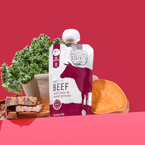 Serenity Kids 6+ Months Baby Food Pouches - Grass Fed Beef Puree with Organic Kale & Sweet Potato - BPA-Free Baby Snacks - 3.5 Oz, 6 Pack