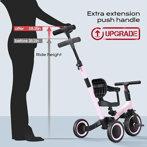 newyoo Toddler Tricycle,Toddler Bike,Birthday Gifts and Toys for 1-3 Year Old Boys and Girls, Trike with Push Handle, Backrest and Safety Belt, Balance Bike, TR007, Pink