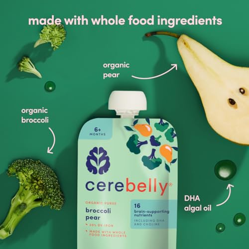 Cerebelly Baby Food Pouches – Organic Veggie Purees for Toddlers | No Added Sugar, Fiber, Non-GMO | Blended Toddler Pouches | 4 Ounce BPA-Free Pouch | Broccoli Pear | 6 Count