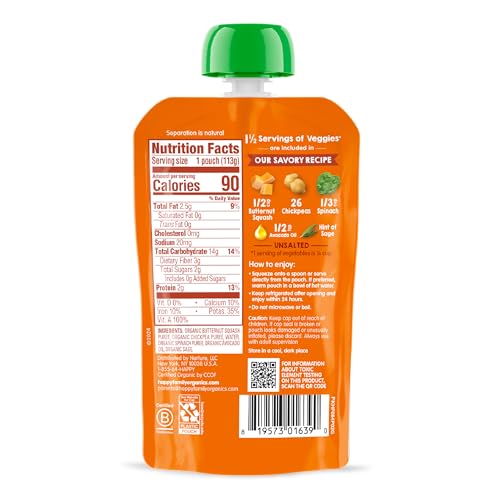 Happy Baby Organics Savory Blends Stage 2 Baby Food, Squash Chickpeas & Spinach with Avocado Oil + Sage, 4 Ounce Pouch (Pack of 16)