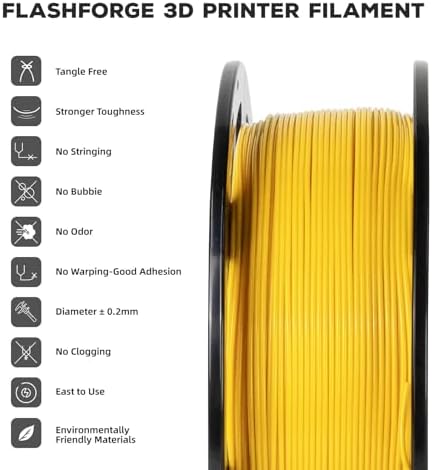 FLASHFORGE PLA Filament 1.75mm, 3D Printer Filament 1kg (2.2lbs) Spool, Dimensional Accuracy +/- 0.02mm, 3D Printing Filament Easy to Use and Fits for Most FDM 3D Printers (Yellow)