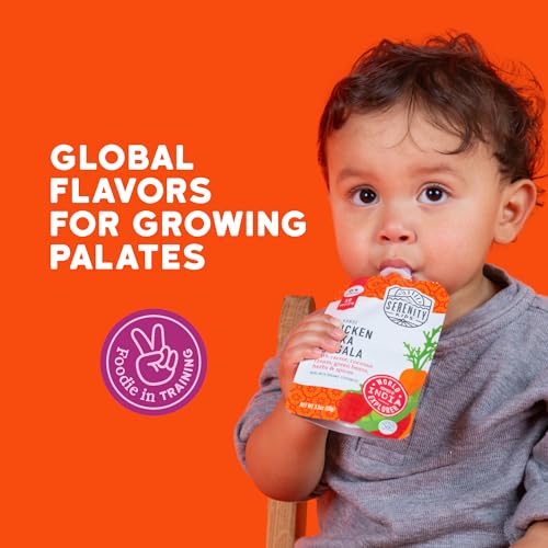 Serenity Kids 6+ Months Chicken Tikka Masala Baby Food Puree Pouches - High Protein Ethically Sourced Chicken & Organic Veggies - BPA-Free Toddler Pouches - 3.5 Oz, 12 Pack