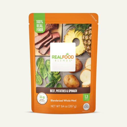 Real Food Blends Beef, Potatoes & Spinach - Pureed Food Meals for Tube Feeding with Protein, Vegetables & Fruits - 330 Calories for Lunch & Dinner - 9.4 oz (Pack of 12)
