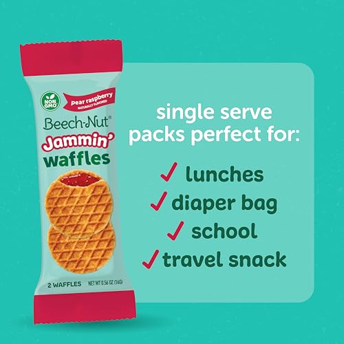 Beech-Nut Toddler Snacks Jammin' Waffles with Fruit Filling for Babies & Toddlers, Pear Raspberry, 10 Boxes (50 Individually Wrapped Packs)
