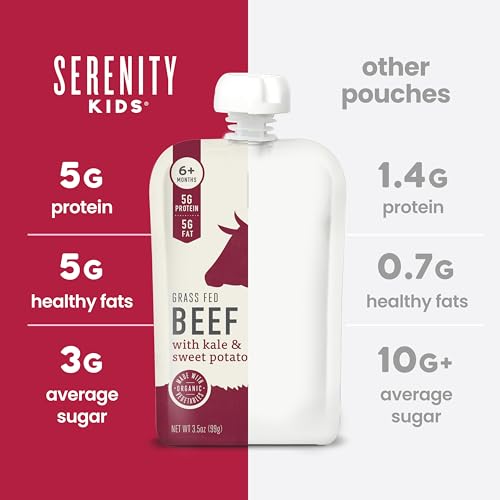 Serenity Kids 6+ Months Baby Food Pouches - Grass Fed Beef Puree with Organic Kale & Sweet Potato - BPA-Free Baby Snacks - 3.5 Oz, 6 Pack