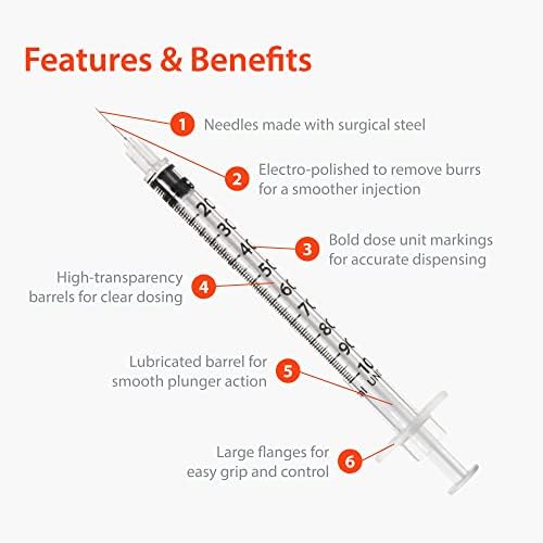 Easy Touch U-100 Insulin Syringe with Needle, 29G 1cc 1/2-Inch (12.7mm), Box of 100