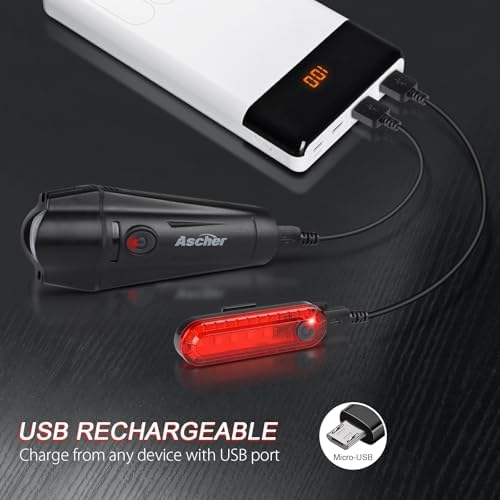 Ascher Ultra Bright USB Rechargeable Bike Light Set, Powerful Bicycle Front Headlight and Back Taillight, 4 Light Modes, Easy to Install for Men Women Kids Road Mountain Cycling Black