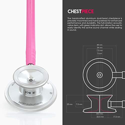 MDF Instruments, Acoustica Lightweight Stethoscope for Doctors, Nurses, Students, Home Health Use, Adult, Dual Head, Fuchsia Tube, Silver Chestpiece-Headset, MDF747XP32
