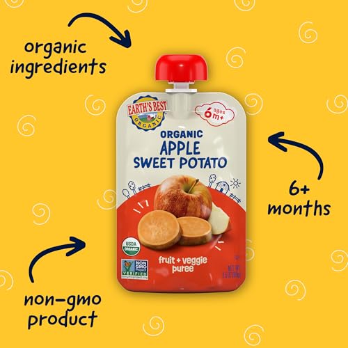 Earth's Best Organic Baby Food Pouches, Stage 2 Fruit and Vegetable Puree for Babies 6 Months and Older, Organic Sweet Potato and Apple Puree, 3.5 oz Resealable Pouch (Pack of 12) (Packaging May Vary)