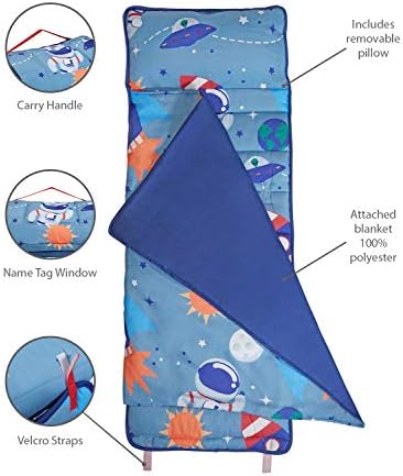 EVERYDAY KIDS Nap Mat w/Removable Pillow -Outer Space Adventures- Carry Handle with Straps Closure, Rollup Design, Soft Microfiber for Preschool, Daycare, Travel Sleeping Bag - Ages 3-6 Years