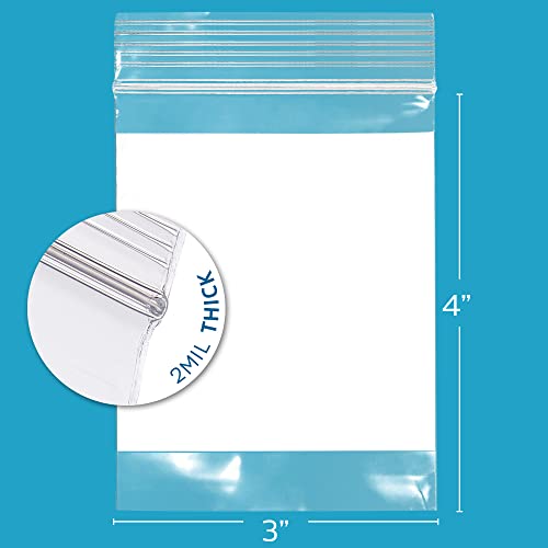 GPI Case of 1000 3" X 4" Clear Plastic Reclosable Zip Bags - Bulk 2 Mil Thick Strong & Durable Poly Baggies with Resealable Zipper Top Lock & Write-on White Block, for Storage, Packaging & Shipping