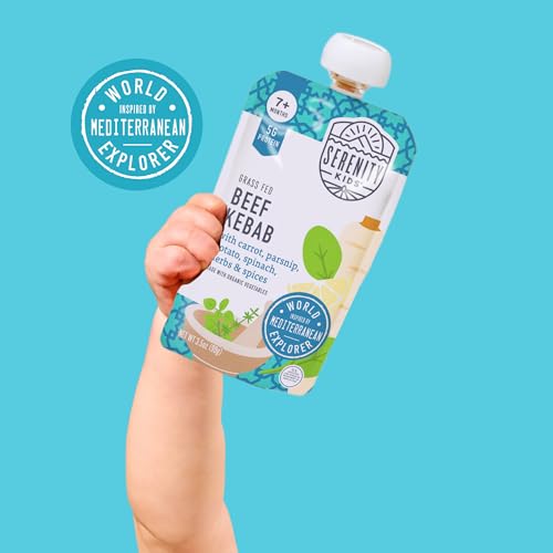 Serenity Kids 7+ Months World Explorers Baby Food Pouches Puree Made with Ethically Sourced Meats & Organic Veggies - 3.5 Ounce BPA-Free Pouch - Beef Kebab - 12 Count Meat Baby Food