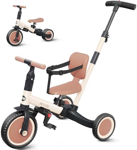newyoo Toddler Tricycle with Push Handle for 1-3 Year Old, Toddler Bike, Birthday Gift and Toy for Boys and Girls, 5 in 1 Kids Trike, Balance Bike with Backrest and Safety Belt, Khaki, TR007