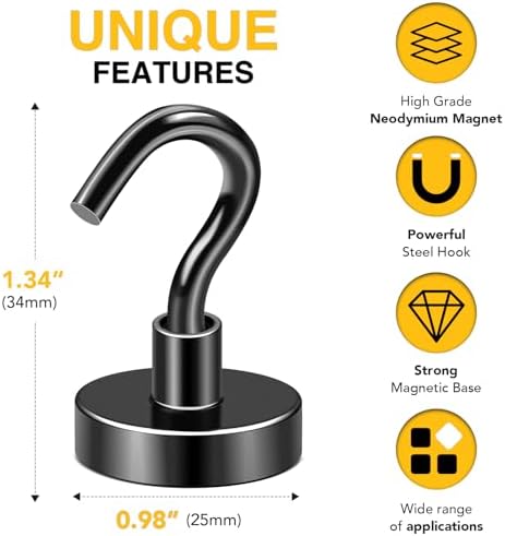DIYMAG Black Magnetic Hooks, 80 LB Heavy Duty Strong Magnet with Hooks, Strong Rare Earth Neodymium Magnet Hooks for Hanging, Magnetic Hanger for Curtain, Home, Kitchen, Workplace, 20 Packs