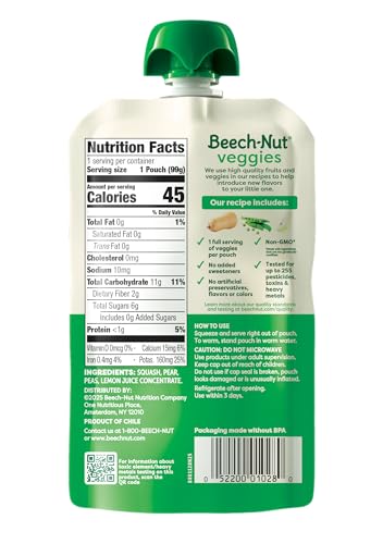 Beech-Nut Baby Food Pouches, Squash Peas Pears Veggie Puree Baby & Toddler Food, 3.5 oz (12 Pack)