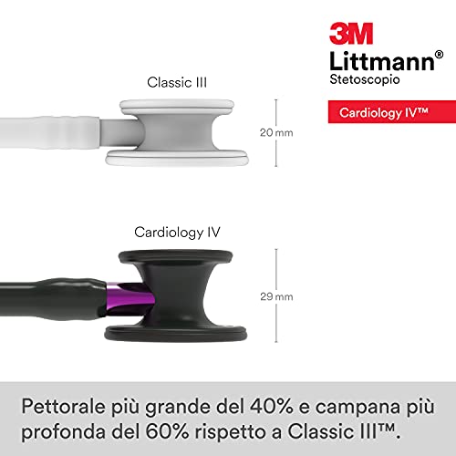 3M Littmann Cardiology IV Diagnostic Stethoscope, 6203, More Than 2X as Loud, Weighs Less, Stainless Steel Black-Finish Chestpiece, 27" Violet Stem, Black Tube and Headset