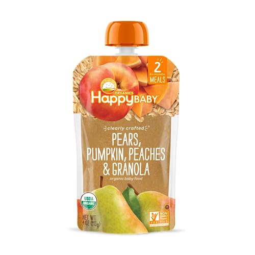 Happy Baby Organics Stage 2 Baby Food Pouches, Gluten Free, Vegan & Healthy Snack, Clearly Crafted Fruit & Veggie Puree, Pumpkin, Peaches & Granola, 4 Ounces (Pack of 16)