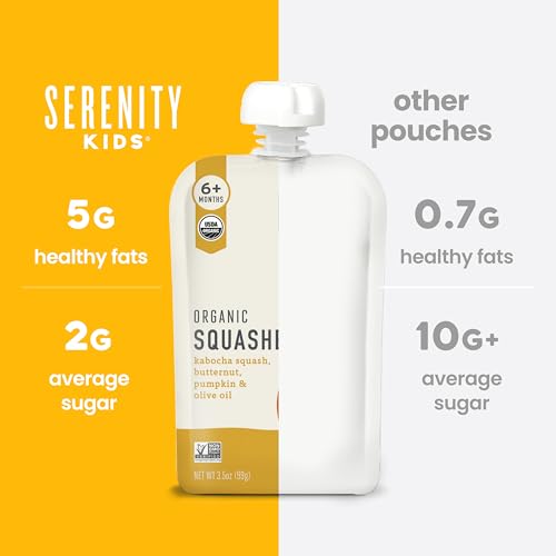 Serenity Kids 6+ Months Squash Veggie Baby Food Puree Pouches - BPA-Free & USDA Organic & Allergen Free - No Added Sugars - 3.5 Oz 12 Pack