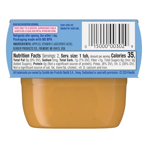 Gerber Stage 1 Baby Food, Apple Puree Tub, No Artificial Colors or Flavors, Baby Puree, 16-Pack