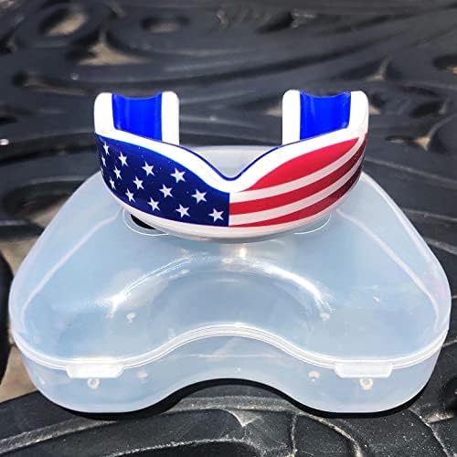 Youth Sports Mouth Guard for Kids (USA Flag, Fangs, 20+ Colors to Choose from) Mouthguard for Football, MMA, Karate, Boxing, Rugby, BJJ, Flag Football – /w Case (Youth, Strapless)
