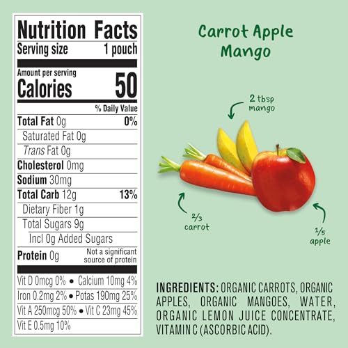 Gerber Organic For Baby 2nd Foods Pouches Immune Builder Variety Pack (3) Carrot Apple Mango (3) Mango Peach Carrot Sweet Potato Oatmeal (3) Pear Mango Avocado 1.96lb (18 Pack)