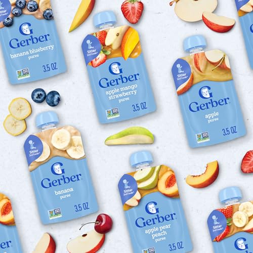 Gerber Stage 2 Baby Food, Banana Blueberry Puree Pouch, 2 Servings of Fruit, No Added Sweetener, No Artificial Colors or Flavors, 12-Pack