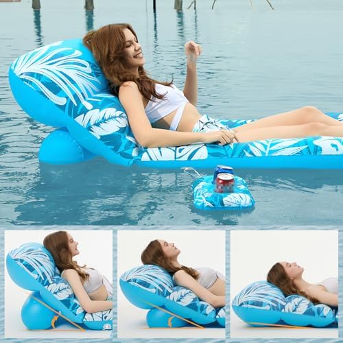 Jasonwell Inflatable Pool Float Adult - Pool Floaties Lounger Floats Floating Chair Raft with Adjustable Backrest Cup Holders Water Floaty Lake Lounge Tanning Floats Beach Party Toys for Adults (Blue)